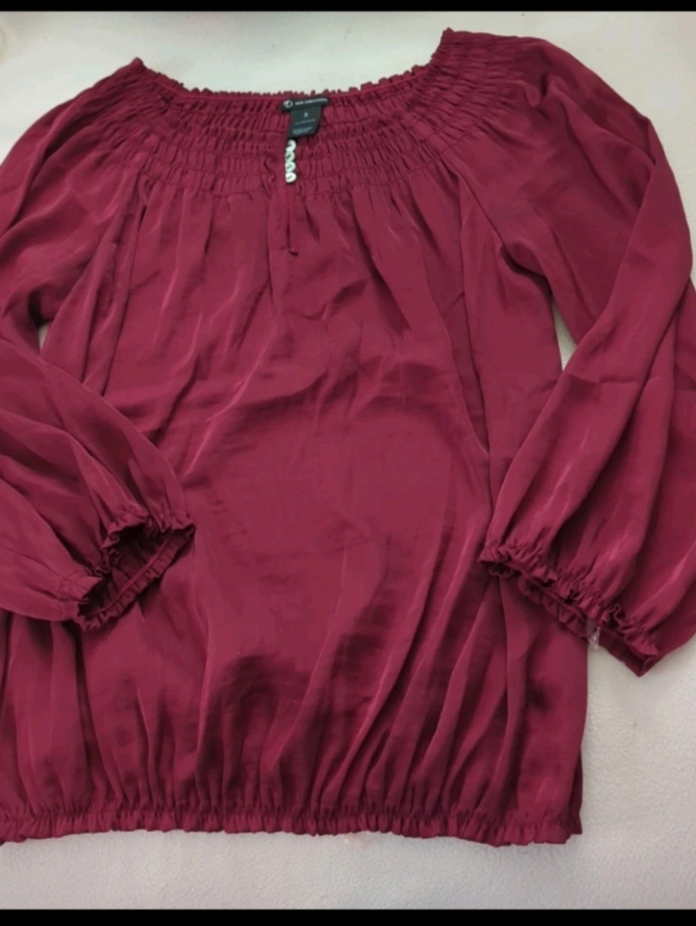 New Directions Blouse Ruffle at Neckline V Neck  Sheer Peplum Long Sleeve Small